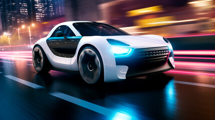 Modern and glossy white car observed from side, racing down street city at night, product of generative AI technology