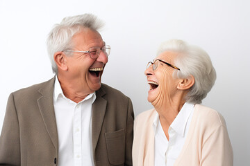 Old couple laugh on white background - obrazy, fototapety, plakaty