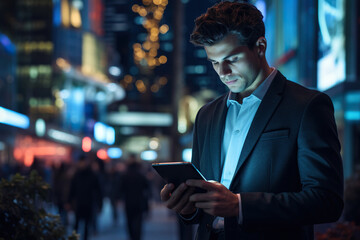 Young man online via a digital tablet in the city