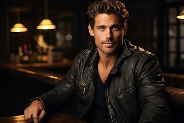 Portrait of a handsome man in a leather jacket sitting at the bar - obrazy, fototapety, plakaty