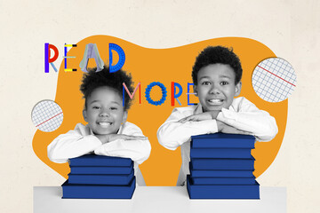 Portrait photo collage of two small kids folded hands over pile books reading more literature for...