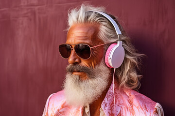 Portrait of a stylish senior man wearing sunglasses and headphones