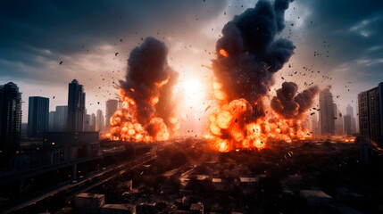 Town in ruins, explosion in city, with its structures collapsing in aftermath of war, as portrayed by AI