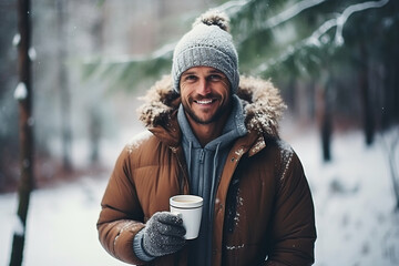 Naklejka premium Portrait of a young man with a cup of hot chocolate on the background of the winter forest