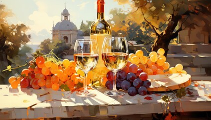 Wino, kieliszki i winogrona we włoskiej winiarni. 