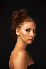 Hair care, portrait or woman with skincare space, beauty or results for glow, shine or collagen in studio. Black background, face or natural model with mockup for treatment, healthy texture or growth