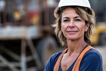 Portrait of mature female construction worker smiling at camera on construction site - obrazy, fototapety, plakaty