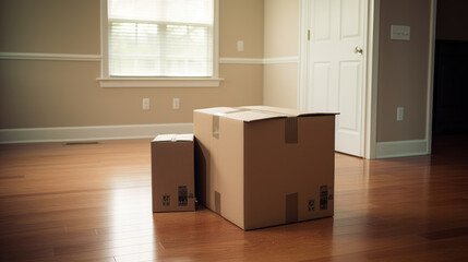 A single cardboard box in an empty room with wooden floors and a window with blinds, bathed in natural sunlight casting shadows on the floor.