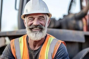 Portrait of mature male construction worker smiling at camera on construction site