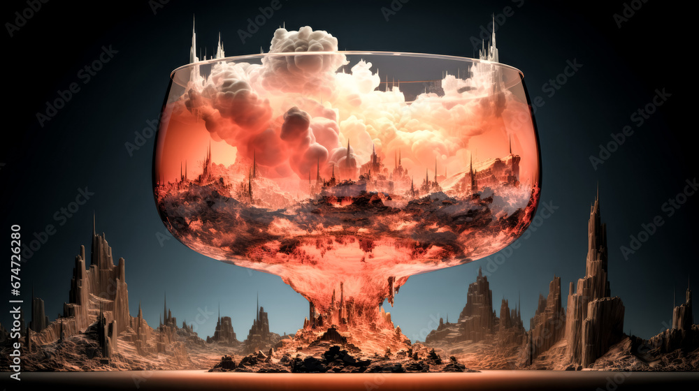 Poster an image of an explosion with vibrant colors and abstract shapes captured by a camera, leaving a las