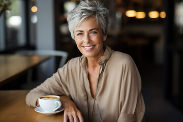 Portrait of smiling senior woman holding cup of hot drink in cafe