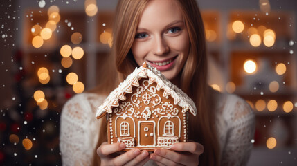 A smiling woman presenting a handmade gingerbread house with a backdrop of a softly lit Christmas tree and festive decorations.