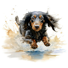 Beautiful long haired Dachshund dog running through a puddle. Watercolour painting isolated on white background.