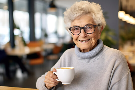 Portrait of smiling senior woman holding cup of hot drink in cafe