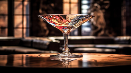 A coupe glass sits askew on a table in a dimly-lit room, its edges glistening in the soft light.