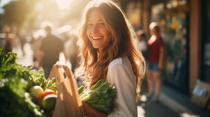 Tuinposter Young lady holding fruits and vegetables into reusable cotton produce bag on food market, sustainable lifestyle and eco shopping concept © MYDAYcontent