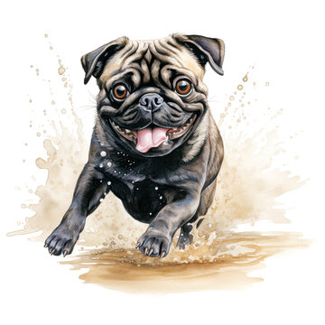 Beautiful pug dog running through a puddle. Watercolour painting isolated on white background.