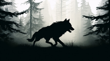 silhouette of a scary werewolf in a dark forest. ai generative
