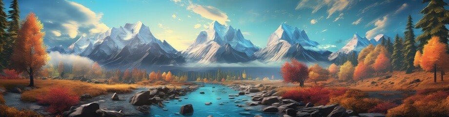Jesienny krajobraz jeziora w lesie ze szczytami gór pokrytymi śniegiem  - obrazy, fototapety, plakaty