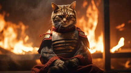 A samurai cat against the background of flames