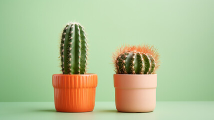 two baby cactuses side by side in a terracotta pot. ai generative