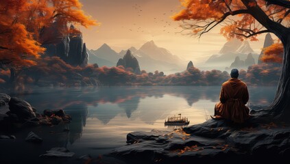 Mnich medytujący nad jeziorem. 