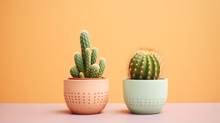 two baby cactuses side by side in a terracotta pot. ai generative