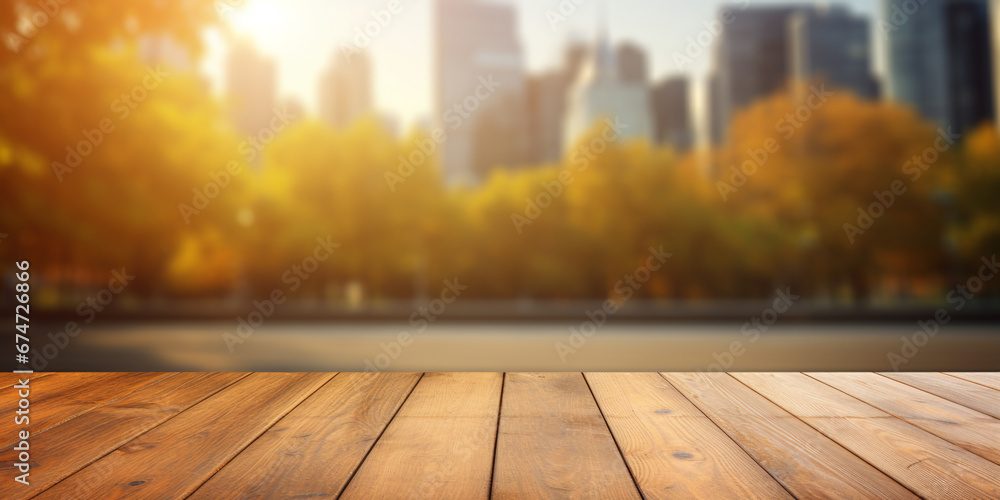 Poster empty wooden tabletop with blurred background of business district and office building and autumn tr