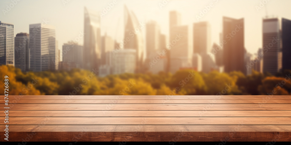 Poster empty wooden tabletop with blurred background of business district and office building and autumn tr