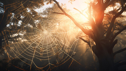 a huge beautiful spider web hangs on a tree against the backdrop of sunlight. ai generative