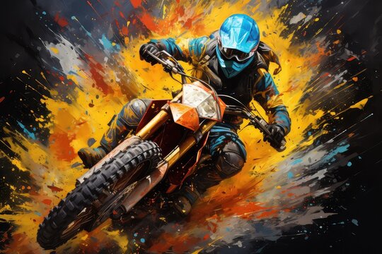 Motocyklista w kasku jadący po motocyklowym torze wyścigowym. 