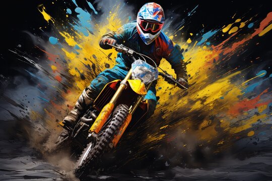 Motocyklista w kasku jadący po motocyklowym torze wyścigowym. 