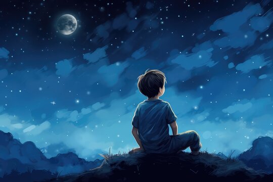 Illustration Of A Little Boy Looking At Night Starry Sky