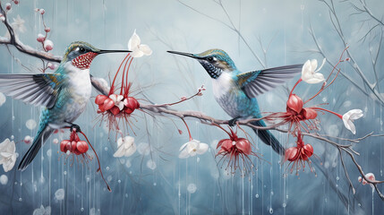 A juxtaposition of hummingbirds and delicate snowflakes in a whimsical winter Ai Generative

