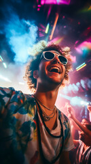 Man or boy dancing in a club, a disco or at a rave. Smiling looking happy while partying the night away on the dancefloor with colorful lights and confetti. Shallow field of view.