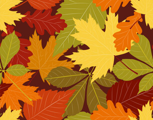 Fototapeta premium Autumn leaves seamless pattern. Repeating design element for printing on fabric. Fall season foliage. Orange and green leaf. Natural and organic plants. Cartoon flat vector illustration