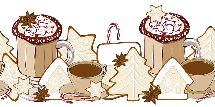 Christmas seamless border gingerbread cookies and coffee cup. Dessert and winter hot drink, horizontal repeat hand drawn illustration in sketch style.