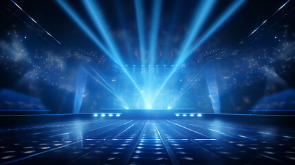 Online event entertainment concept. Background for concert. Blue stage spotlights. Empty stage with blue spotlights. ai generative