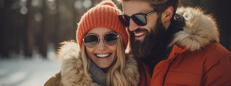 sweet honey moon lover couple standing love hug each other together while enjoy freedom outdoor moment in snow mountain landscape background