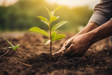 gardener hand closeup plant and watering small plant tree on soil ground nature concept