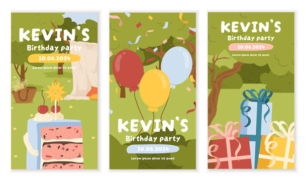 Birthday party stories set. Invitation postcards for annual event. Holiday and festival. Colorful balloons with cake and gifts at city park. Cartoon flat vector collection isolated on white background