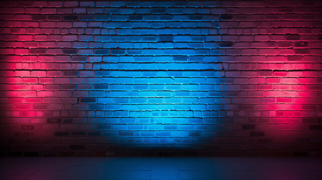 texture background of a brick wall with neon light in blue and pink colors. ai generative