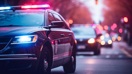 police car on the road in the city with blue and red flashing lights. copy space. ai generative