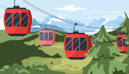 Cableway landscape concept. Red cabins at lines at background of christmas tree and hills. Beautiful panorama at summer and spring season. Poster or banner. Cartoon flat vector illustration - obrazy, fototapety, plakaty
