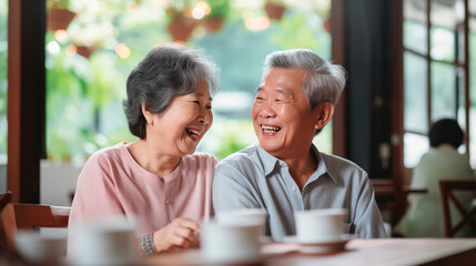 Chinese senior couple sitting in cafe, man and woman drinking coffee or tea in cozy place, laughing and talking sweetly to each other