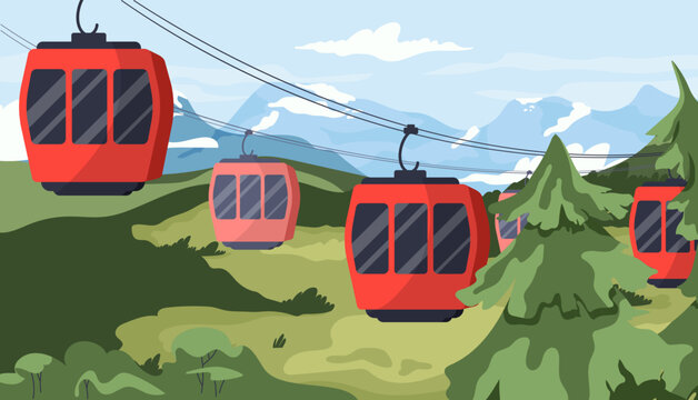 Cableway landscape concept. Red cabins at lines at background of christmas tree and hills. Beautiful panorama at summer and spring season. Poster or banner. Cartoon flat vector illustration