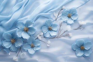 Fototapeta na wymiar Gentle light-blue silk and flowers background