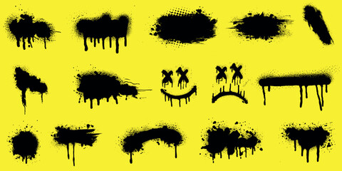 Graffiti vector illustration set, black spray paint drips, splatters, smudges on yellow background. Urban, street art, grunge designs.