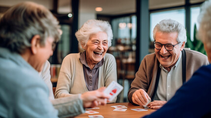 Retired seniors, mix of both men and women, gather in warm space to partake in card games, joying of companionship lively conversations - obrazy, fototapety, plakaty