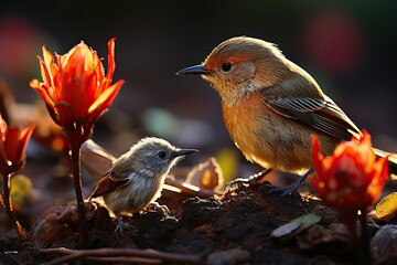 Birds and flowers in nature